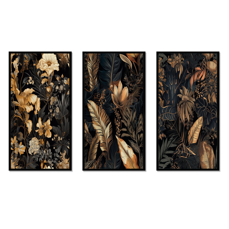 «Gold Tropical Leaf Serenade», 3 pièces sur toile, Cadre flottant noir, H 28 po x l 36 po