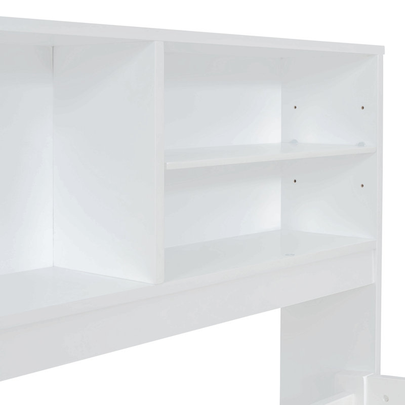 Lit de jour pleine grandeur en bois avec 2 armoires de chevet, tablettes supérieures et 4 tiroirs, Blanc