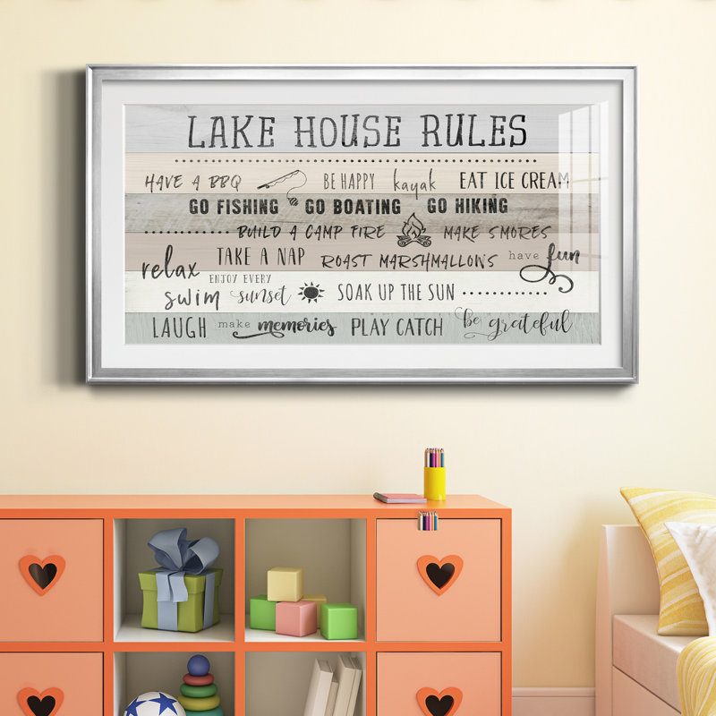 " Lake House Rules ", 22.5" H x 42.5" W x 1" D, Silver Framed