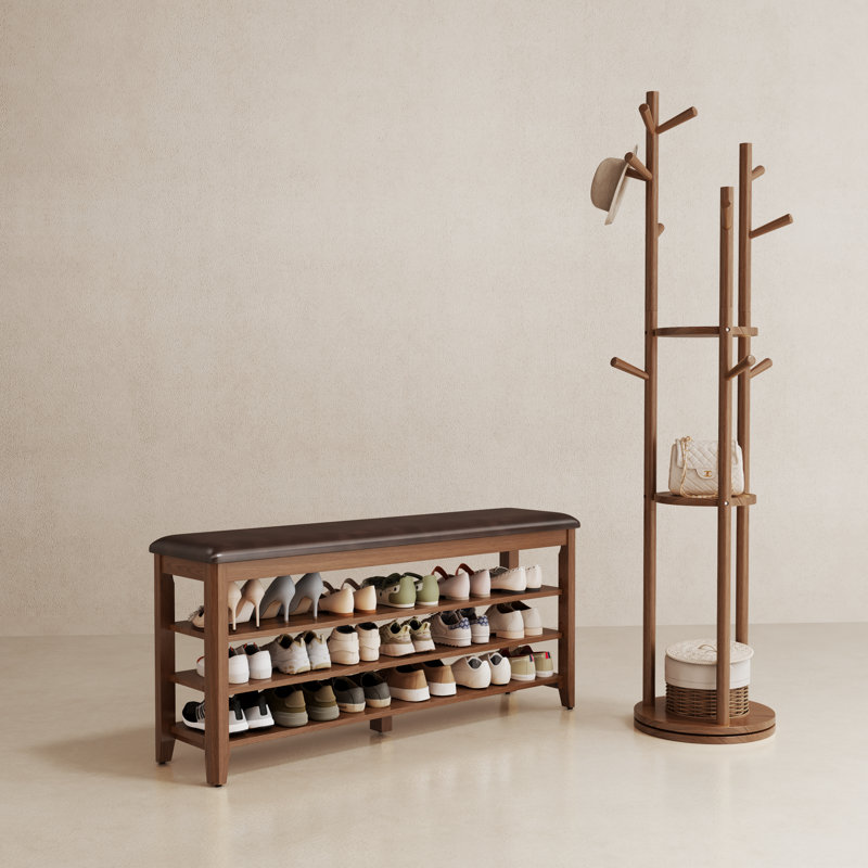 Banc à chaussures en bois massif à 3 niveaux avec rangement, Brun, H 20,4 po x l 47,2 po x P 11,8 po