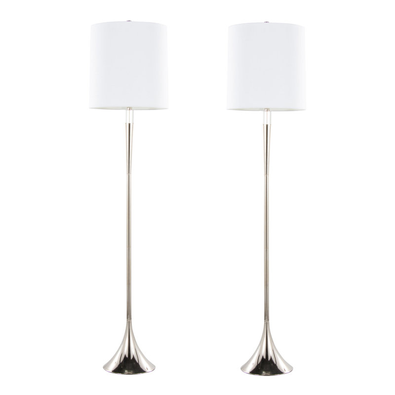 Lampe sur pied en métal en nickel poli et cristal K9 transparent avec abat-jour en lin blanc - ensemble de 2