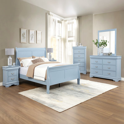 Two-Drawer Louis Philippe Nightstand, Wooden Contemporary Style - Blue - Bedroom Home Furniture, 1pc