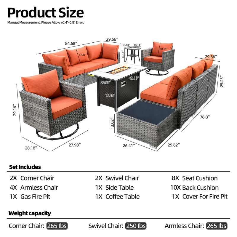 "8 - Person Patio Furniture Set With Swivel Rockers, Outdoor Wicker Rattan Sectional Seating Group With Cushions, All Weather Sofa Conversation Set With Fire Pit Table For Garden Backyard "