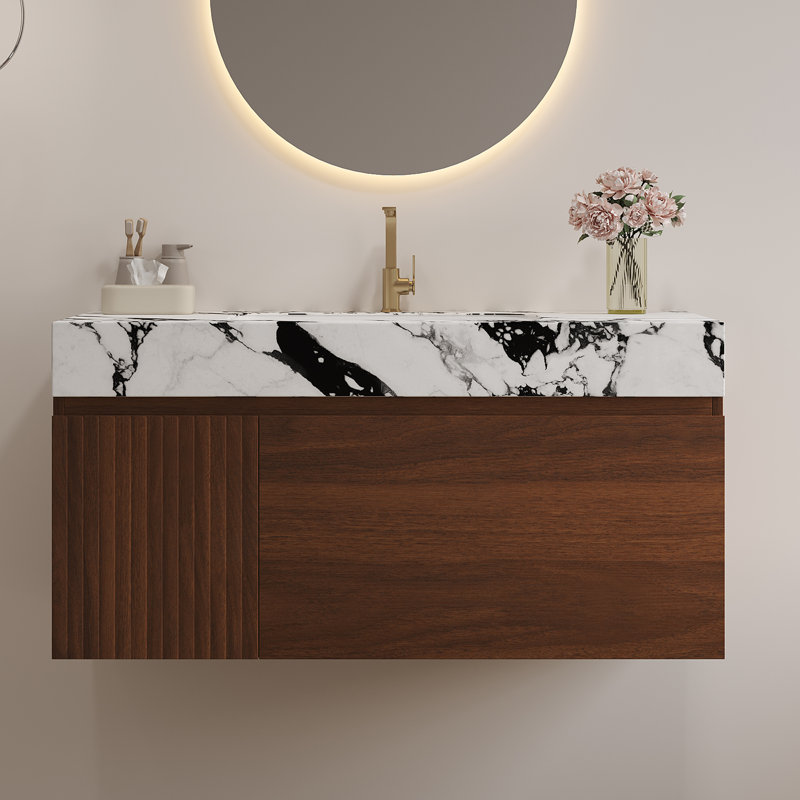 Meuble-lavabo suspendu contemporain Norelle 36 po en pierre frittée avec dessus en pierre frittée, lavabo en céramique et rangement à fermeture douce