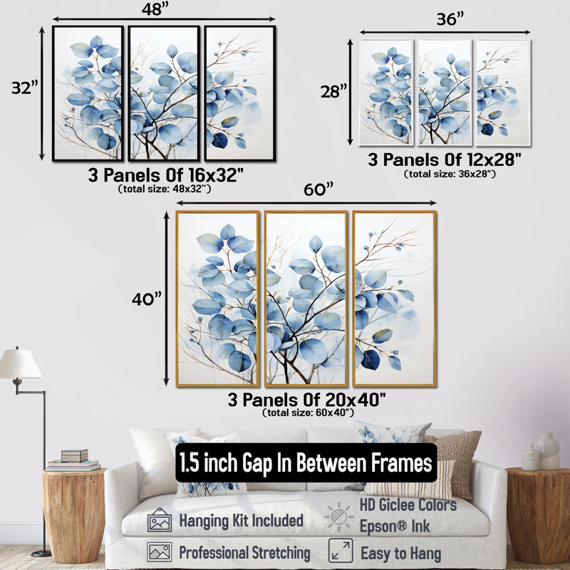 «Blue On», Leaves on Branch III - feuilles, ensemble d'art sur toile, H 32 po x l 48 po x P 1 po, Encadrement argenté