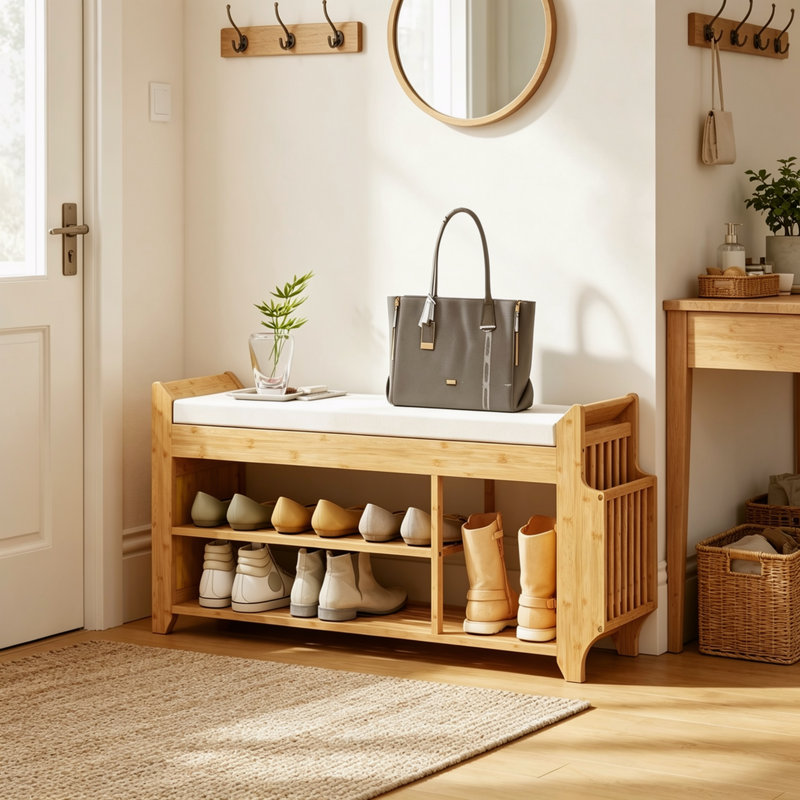 Banc à chaussures rembourré avec rangement à 2 niveaux et porte-parapluie latéral, en bambou naturel, pour couloir, salon ou entrée.