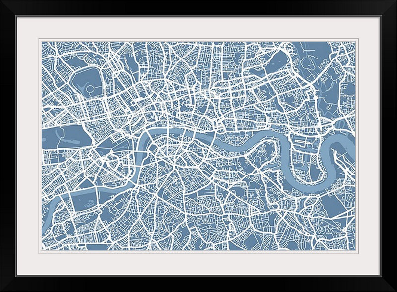 «London Map Art» par Bellen, impression sur toile bleu acier, H 28 po x l 38 po x P 1 po, Cadre noir