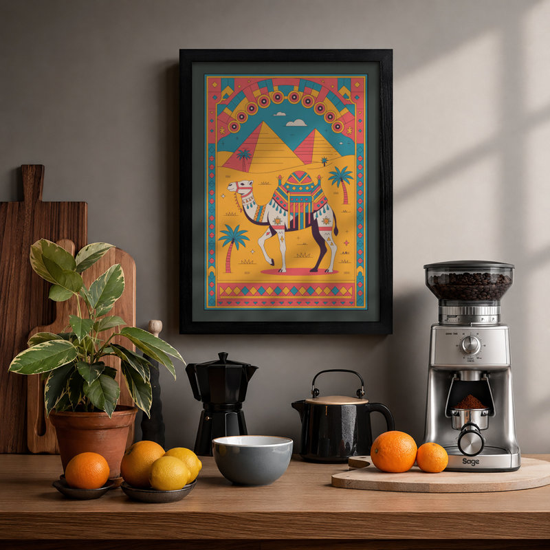 Camel in Desert Gold Boho - Framed Print, A2 - 59.4 x 42.0 cm, Black