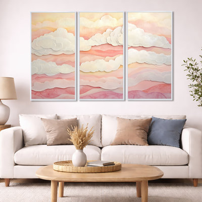 Pink Cloud Wall Art, Watercolor Sky Canvas - Haden 3 Piece Framed Canvas Wall Art Set Abstract Sky Decor
