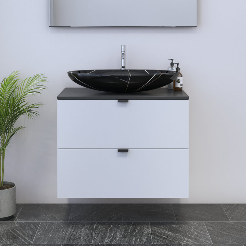 Meuble-lavabo simple 31,5 po avec plateau en bois manufacturé Kareema, Noir, Noir