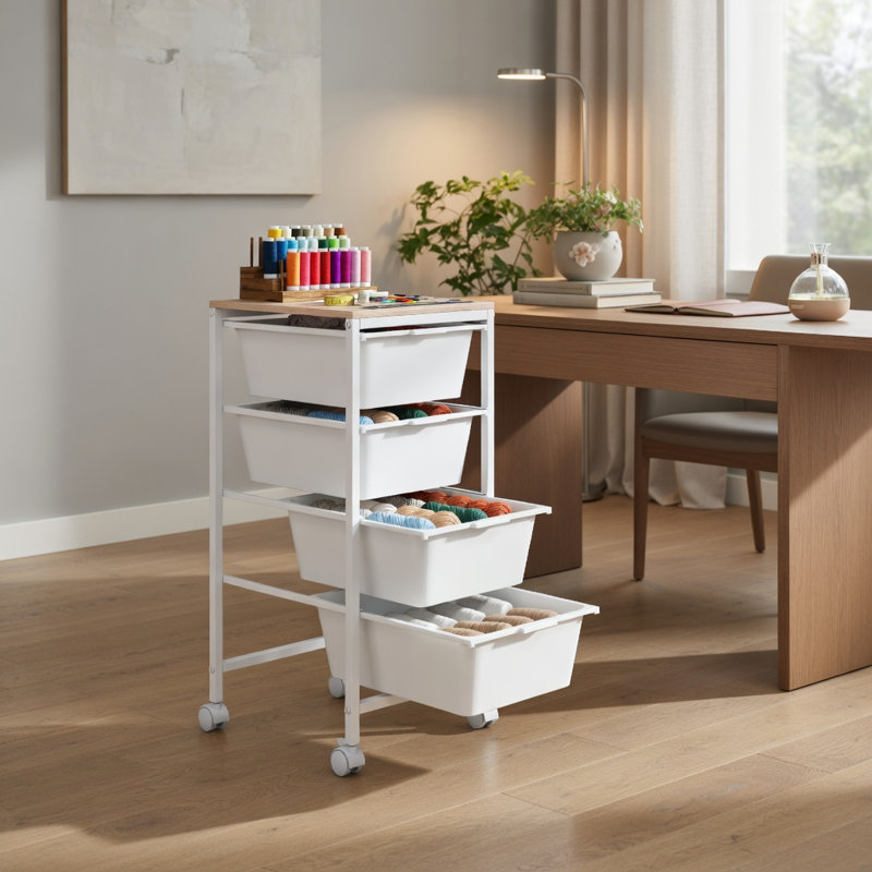  Chariot de rangement roulant à 4 tiroirs avec plateau en bois, roulettes verrouillables et tiroirs à glissement lisse, finition bois pour bureau, salle d'artisanat ou salon, blanc et naturel