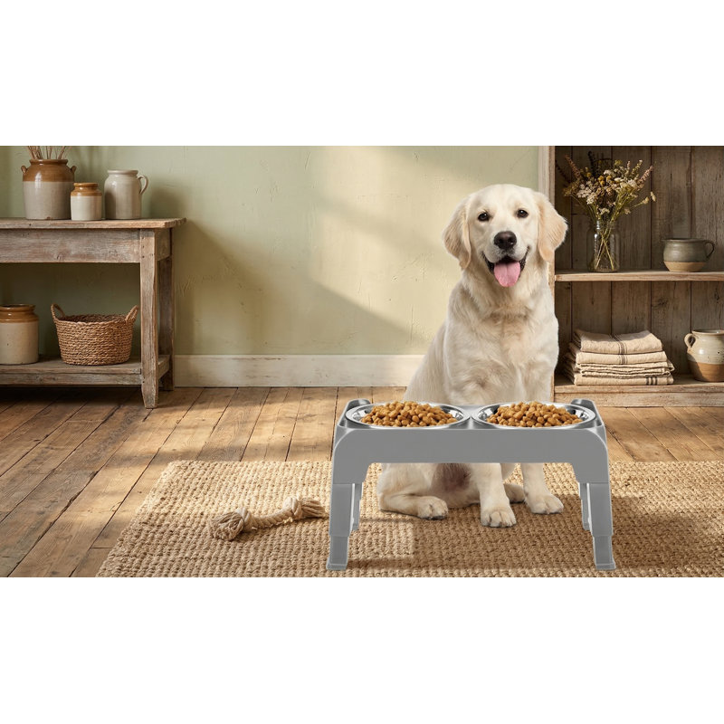 Support pour chien surélevé réglable à 3 hauteurs avec 2 bols en acier inoxydable épais de 6 po, 2,75 po à 7,5 po, gris