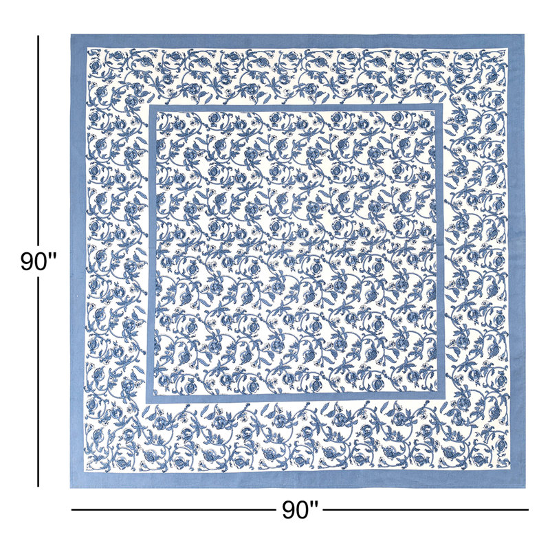Granada Cornflower Blue Handmade Floral Tablecloth, 90" Square, Blue