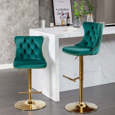 Swivel Velvet Barstools Adjusatble Seat Height From, Chrome Base Bar Stools With Backs Comfortable Tufted For Home Pub And Kitchen Island, Set Of 2