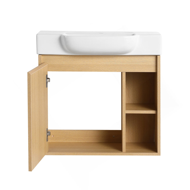 24'' Wall-Mounted Bathroom Vanity With White Ceramic Sink & Soft-Close Door, , Light Oak, 24", Light Oak