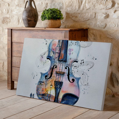Canvas A Whimsical Watercolor Illustration Featuring A Large Intricately Detailed Violin Wall Art Seamlessly Blending Into A Cityscape Canvas Wall Art