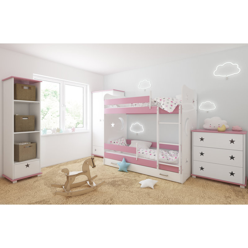 Mikula Bunk Bed Themed Beds with Built-in Ladder Included, Pink, 80 x 180 cm, With Drawer