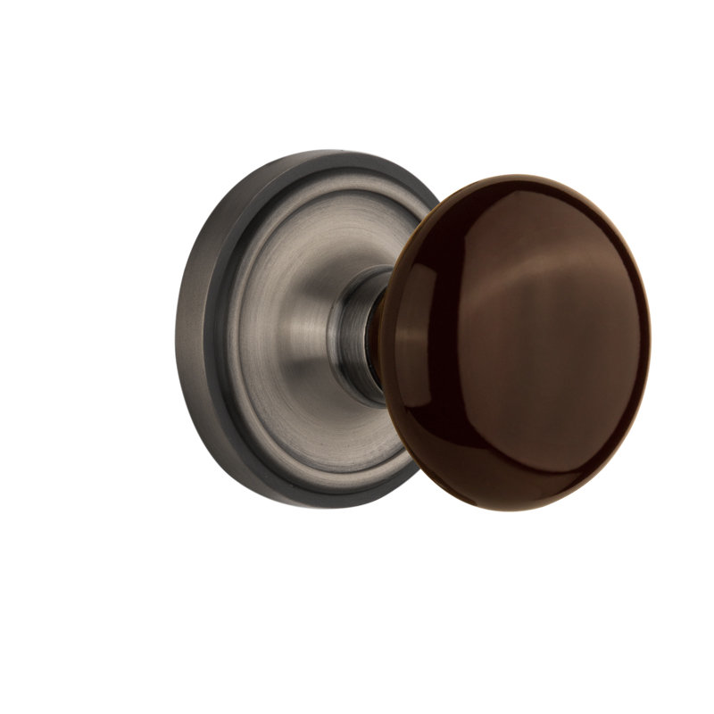 Classic Rosette with Brown Porcelain Door Knob, Antique Pewter