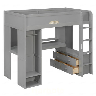 Lit mezzanine simple en bois massif avec bureau en forme de L, armoire de rangement et garde-robe, lit mezzanine haut avec bande lumineuse à DEL Smart APP Control, ports de charge USB