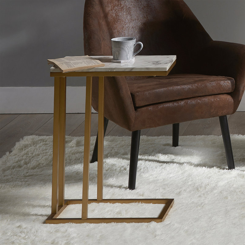 Carbone Modern C-Shape Side Accent Side Table for  with Marble Efect Top - Sofa or Bedside