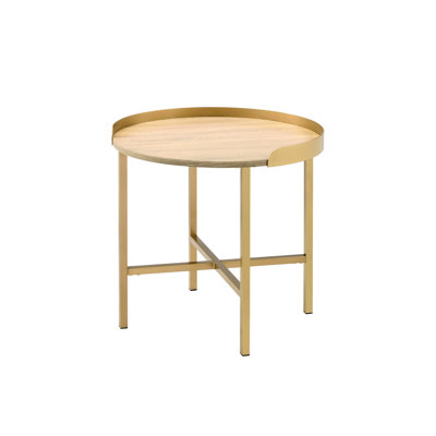 Élégante table de bout ronde en chêne et or