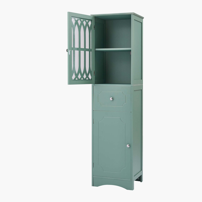 63.8" Freestanding Linen Cabinet With Acrylic Door & Adjustable Shelf & Drawer, Tall Bathroom Cabinet, Wood Storage Cabinet For Living Room Kitchen Office