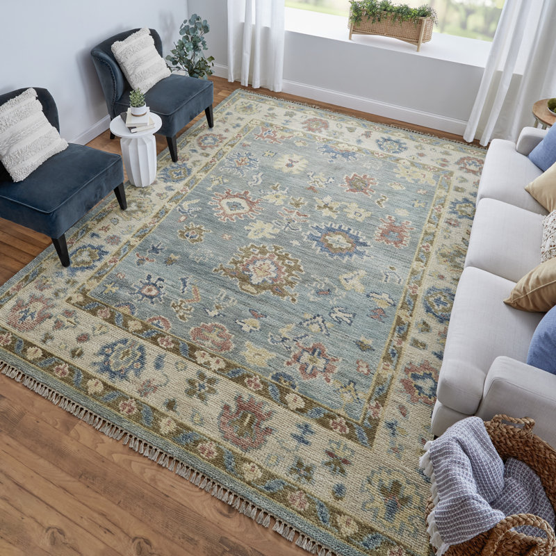 Abinesh Wool Floral Area Rug, Rectangle 2' x 3', Blue/Ivory