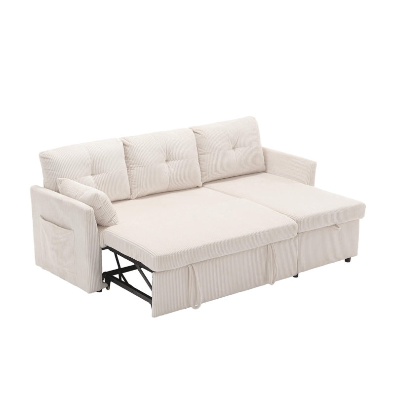 L-Shaped Sofa Bed with Pull-Out Sleeper & Storage Chaise, 3-Seater Convertible Sectional Sofa, Multifunctional Couch for Living Room & Small Apartments, Beige