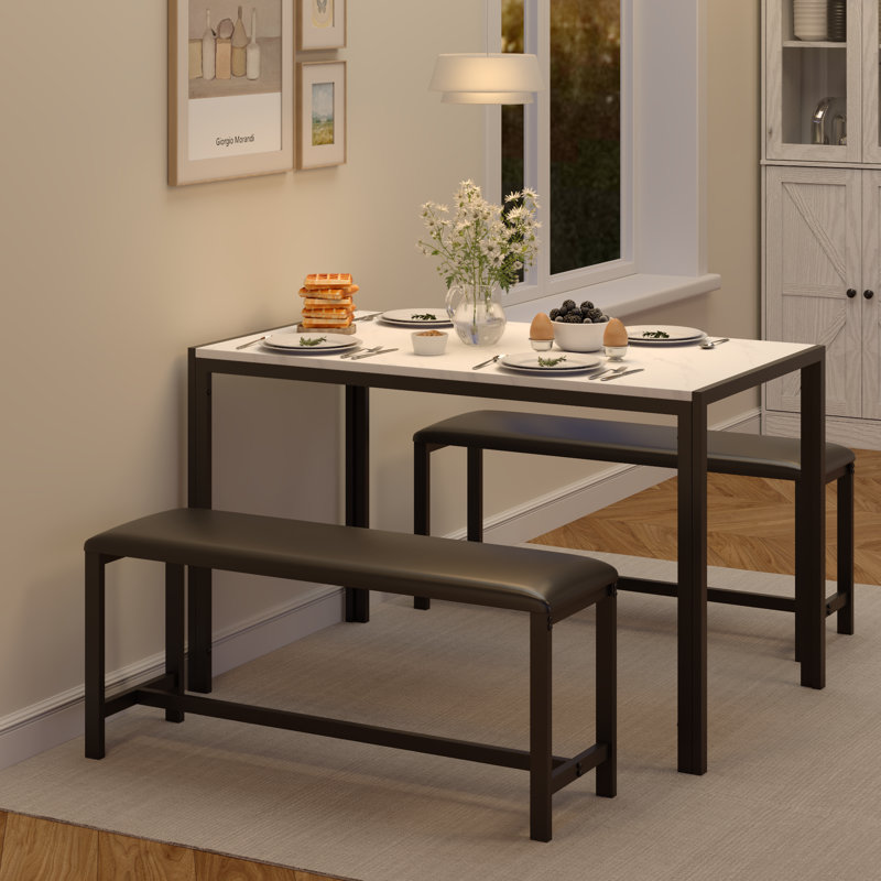 Faux Marble Dining Table Set For 4, Dining Room Table With Pu Leather Benches, Space-saving Kitchen Table Set For Small Spaces, Apartment, Modern Breakfast Table With Sturdy Metal Frame, White