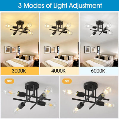 Plafonnier spoutnik noir à 4 lumières de 15 po RAINBEAN, lustre moderne semi-encastré, base à intensité variable E26 pour chambre à coucher, salle à manger et salon
