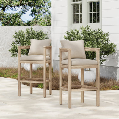 Tabouret de bar d'extérieur Abaco, bois clair au fini blanc clair avec coussin beige, ensemble de 2