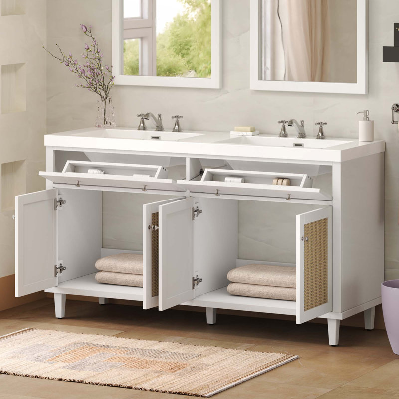 Meuble-lavabo de 60 po avec lavabo double, grand espace de rangement avec 2 plateaux basculants / tiroirs rabattables et 4 portes à fermeture douce, pieds en bois massif et poignées en métal