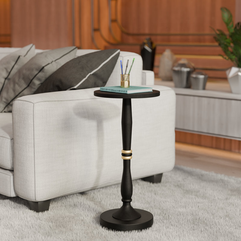 Petite table d'appoint ronde moderne en bois massif de 12 po - finition noire avec accents dorés, H 24 po, table de bout décorative, assemblage sans outil