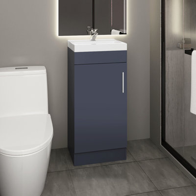 Meuble-lavabo de salle de bain avec lavabo en résine, armoire de rangement de style moderne, grand espace pour les produits, blanc bleu, bois d'ingénierie, 13 po de profondeur, 15,7 de largeur, 34,6 de hauteur, finition compacte,