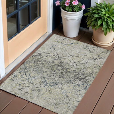 Tapis extérieur lavable à motif géométrique gris argenté et gris anthracite 3 pi x 5 pi