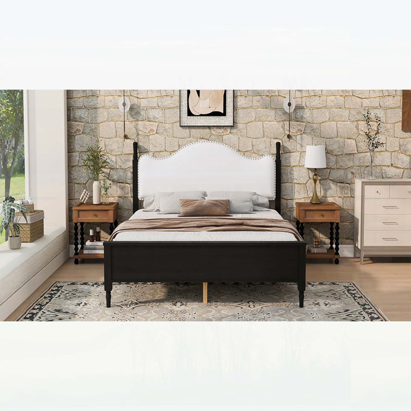 Lit plateforme très grand en bois avec tête de lit rembourrée confortable, sans sommier tapissier, conception robuste et élégante
