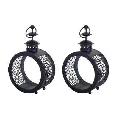 Ensemble de deux porte-bougies décoratifs en fer noir et verre