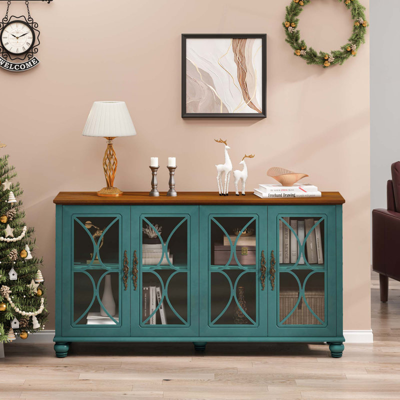 Antique Style 4-door Sideboard With Tempered Glass Doors, Adjustable Shelves And Classic Decorative Handles, Dark Green