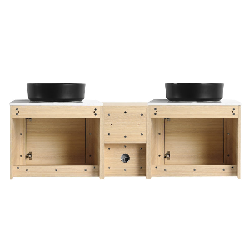 Meuble-lavabo mural de 60 po avec lavabo d'art en céramique et tablettes de rangement, porte à fermeture en douceur, matériau en contreplaqué rembourré de kd, surface d'eau, conception moderne à espace élargi, bords arrondis, 45 po
