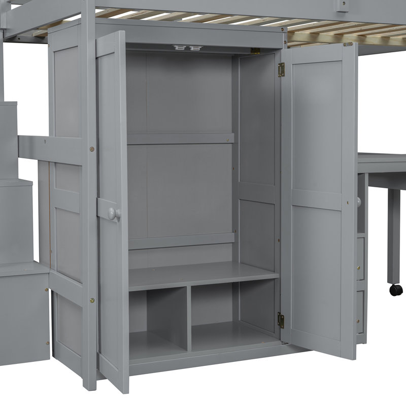 Lit mezzanine double pour et adolescents - Gris. Comprend des escaliers, une bibliothèque, des tiroirs et une armoire de bureau. Fabriqué en bois de pin massif et Pièce de chambre peu encombrante incluse