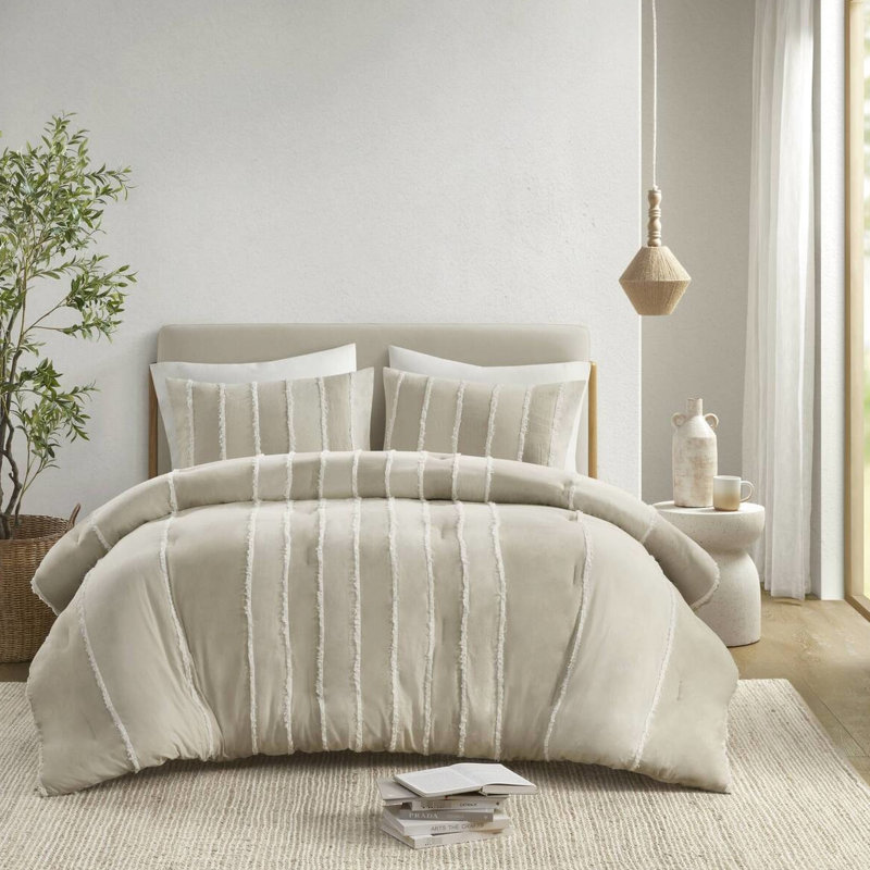 Ensemble de literie 3 pièces pour lit double / grand taupe - 100% coton, motif rayé, rembourrage, garniture, élégance visible, attrait lavable à la machine,