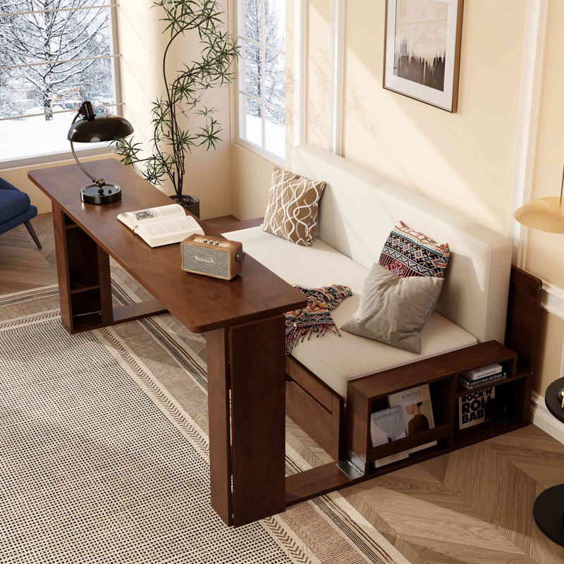 Lit de jour avec bureau amovible, tiroirs de rangement et table d'appoint hydraulique, Grand lit, Espresso