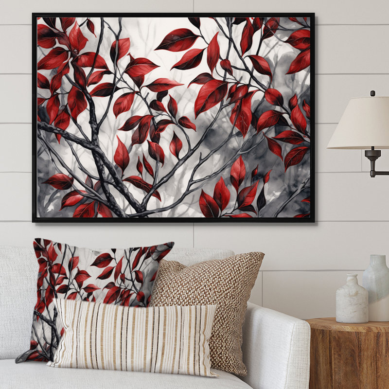Imprimé de feuilles rouges et grises sur un arbre VI, Cadre flottant noir, H 12 po x l 20 po x P 1 po