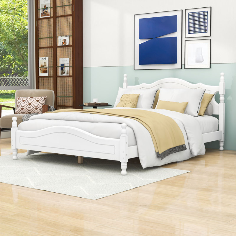 Lit plateforme en bois avec tête de lit décorative, Blanc, Grand lit