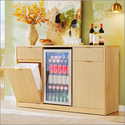 59-Inch Coffee Bar Cabinet with Fridge Space, Tilt-Out Trash, and Charging Station, Fluted Buffet Sideboard