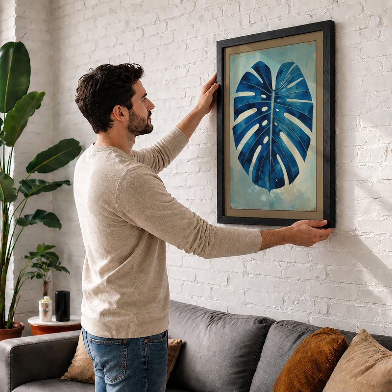 Monstera in Blue Botanical - Framed Print, A3 - 42.0 x 29.7 cm, Oak