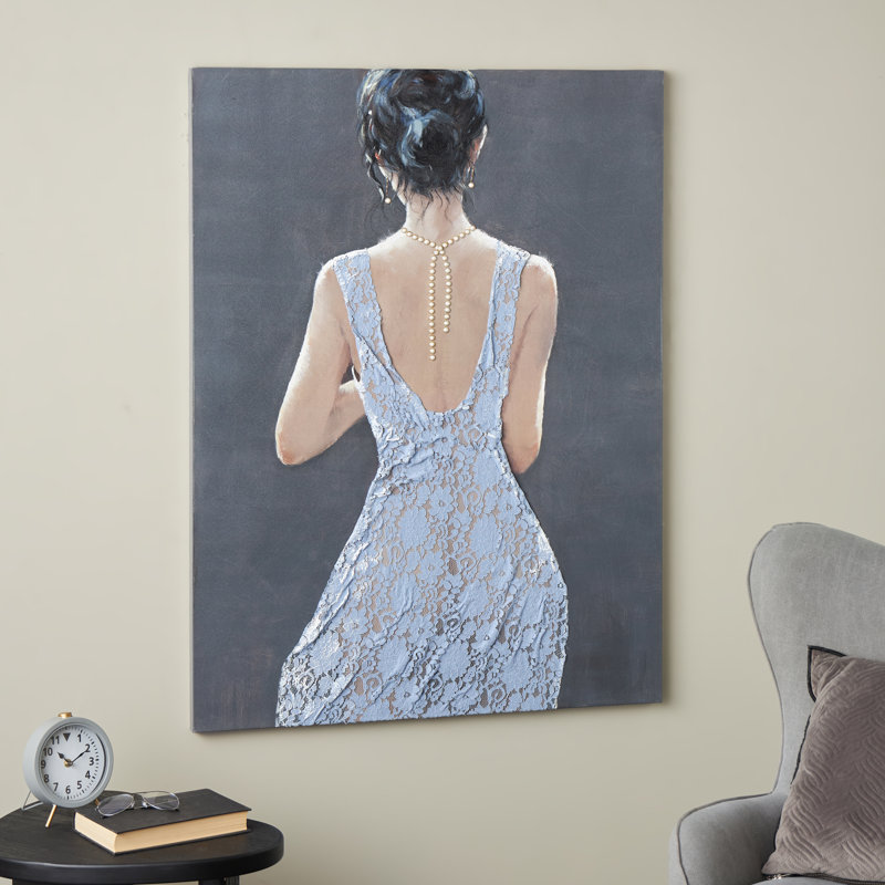 Toile, femme, salon, art mural encadré avec robe en tissu bleu 3D et bijoux dorés