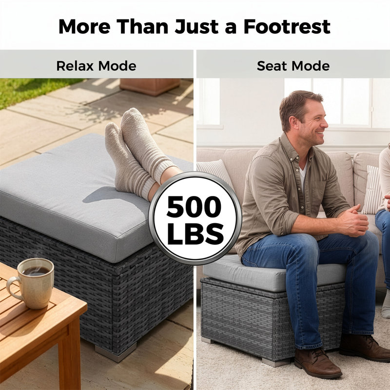 Outdoor 27.5" Wide Patio Wicker Ottoman Set with Cushions, Light Gray