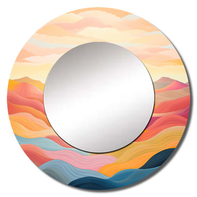 Saifaan Bold Sunset Mountain Horizon - Pink Decorative Mirror, Traditional Round Wall Mirror, Printed Metal Art