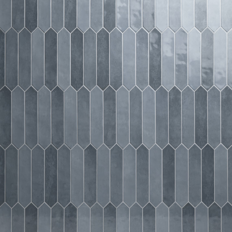 Blue-grey picket wall tile with a glossy finish and tonal variation